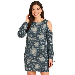 Vince‎ Camuto Dress Size 12 Dark Teal Cold Shoulder Tie Cuff Abstract Print Boho